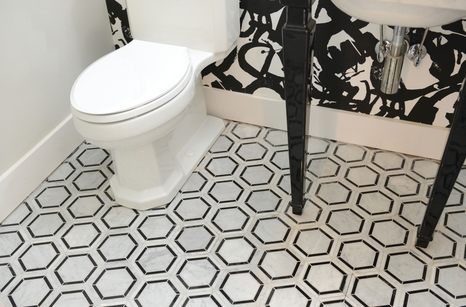 Hexagon tile flooring in a bathroom setting