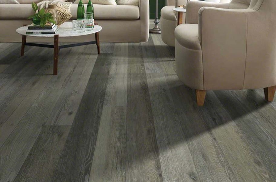 Gray wood-look flooring: Shaw Messina HD Plus Waterproof Plank