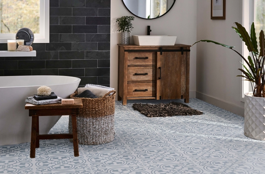 FlooringInc 2021 bathroom flooring trends: waterproof decorative cool blue vinyl planks