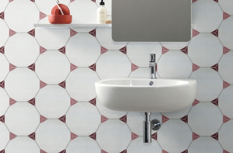 Geometric tile in a bathroom setting