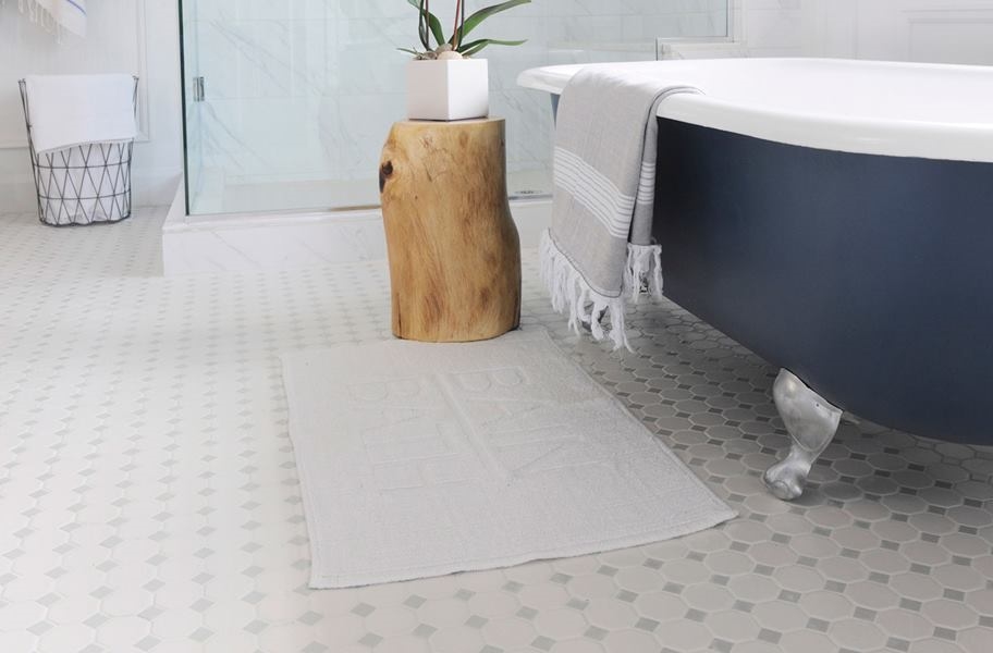 2021 bathroom flooring trends: matte octagon dot porcelain tile