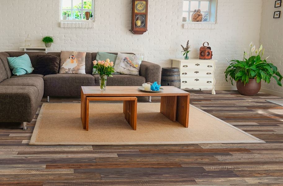 2021 Wood Flooring Trends: Reclaimed-look wood floors in a living room setting. 